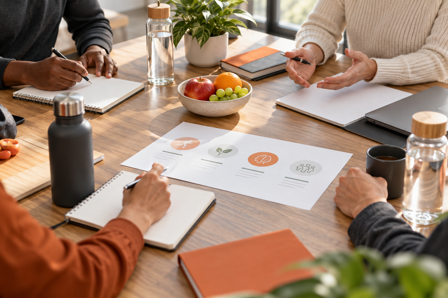 Employees collaborating around a workplace wellness plan